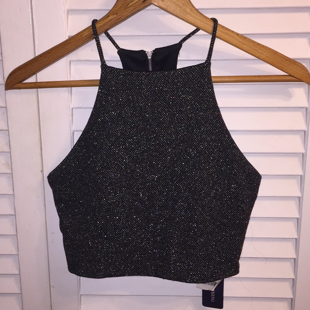 Black Shimmery High Neck Crop Top. S